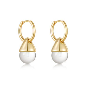 925 Sterling Silver Gold - Plated Hoop Earrings with White Bead Drop-MME1273