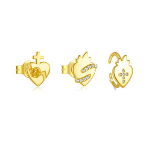 925 Silver Gold-Plated Sacred Heart Cross Clear CZ Stud & Cuff Earrings Set- MME1236