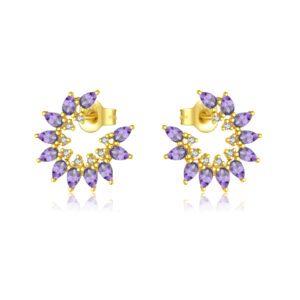 925 Sterling Silver Purple Zircon Floral Hoop Earrings-MME1247