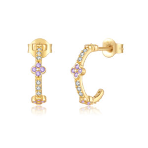 925 Sterling Silver Gold-Plated Hoop Earrings with Clover and Purple Crystals-MME1271