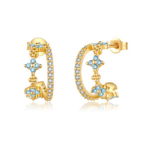 925 Sterling Silver Hoop Earrings with Blue & Clear Zircon Cross Design-MME1269