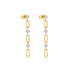 Silver Gold-Plated Chain Link Earrings with Zircon Accents-MME1265