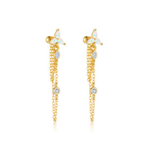 925 Silver Gold-Plated Trilliant Opal & Pear, Round Clear CZ Tassel Drop Huggies Earrings-MME1254