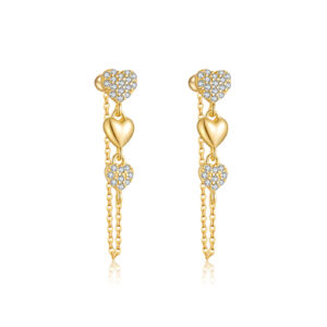 925 Silver Gold-Plated Triple Heart & Tassel Chain Drop with Clear CZ Huggies Earrings-MME1256