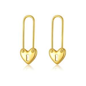 925 Silver Gold-Plated Heart Lock Safety Pin Huggies Earrings-MME1242
