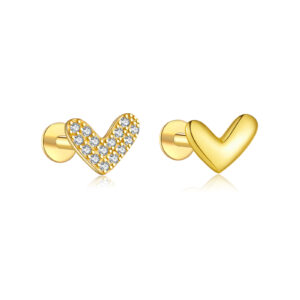 925 Silver Gold-Plated Asymmetric Heart Clear CZ Paved & Plain Huggies Earrings-MME1246