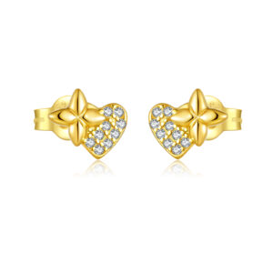 925 Silver Gold-Plated Four-Pointed Star & Heart Double Layer Clear CZ Paved Earrings-MME1241
