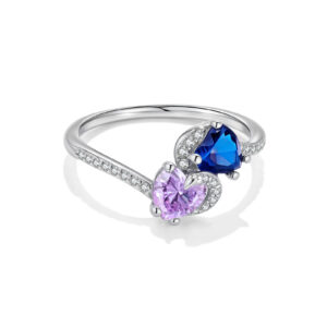 925 Silver Double Heart Ring with Purple and Blue Gemstones-MMR477
