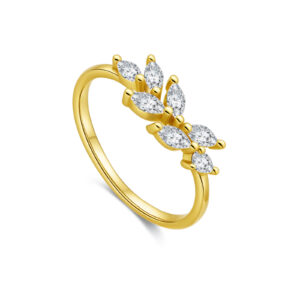 925 Silver Gold-Plated Ring with Marquise-Cut Zircon Leaf Design-MMR471