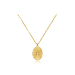 925 Silver Gold-Plated Sunburst Oval Pendant Necklace with CZ-MMN697