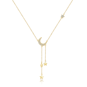 925 Silver Moon & Star Dangle Pendant Necklace-MMN294
