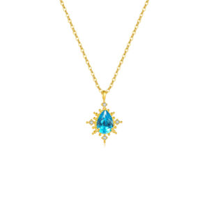 925 Silver Gold-Plated Blue Zircon Teardrop Pendant Necklace-MMN473
