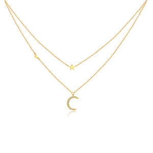 925 Silver Gold-Plated Double-Layer Moon Pendant Necklace-MMN486