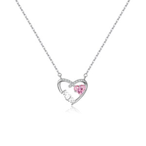 925 Silver CZ Heart-Shaped Pendant Necklace with Pink Stone-MMN652