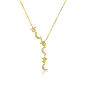 925 Silver Gold-Plated Moon & Star Zircon Pendant Necklace-MMN562