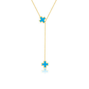 925 Silver Gold-Plated Blue Zircon Cross Lariat Pendant Necklace-MMN549