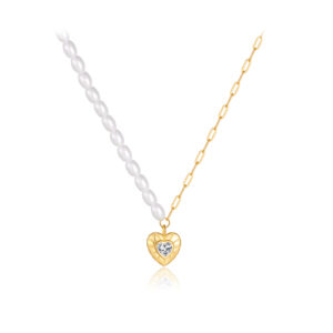 925 Silver Gold-Plated Pearl and Heart CZ Pendant Necklace-MMN677
