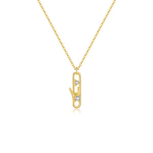 925 Silver Gold-Plated Zircon Paperclip & Letter Pendant Necklace-MMN514