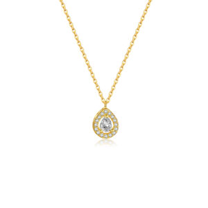 925 Silver Gold-Plated Zircon Teardrop Halo Pendant Necklace-MMN500