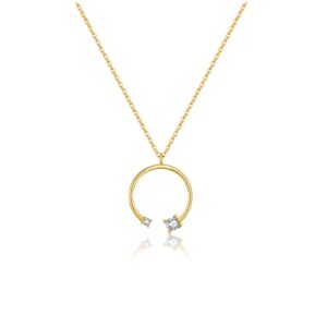 925 Silver Gold-Plated Open Circle & Zircon Pendant Necklace-MMN433