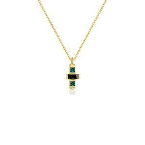 925 Silver Gold-Plated Green & Black Cross Pendant Necklace-MMN226