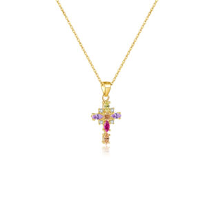 925 Silver Gold-Plated Multicolor Cross Necklace-MMN187