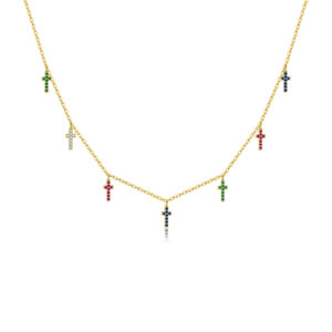 925 Silver Gold-Plated Multicolor Cross Dangle Necklace-MMN185
