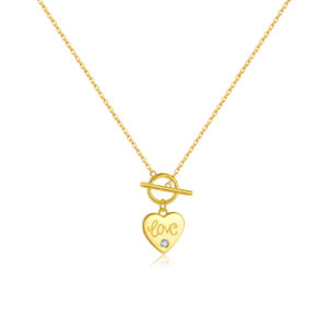 925 Silver Gold-Plated CZ "LOVE" Heart Toggle Pendant Necklace-MMN637