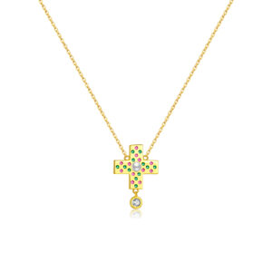 925 Silver Gold-Plated Colorful Cross Pendant Necklace-MMN597