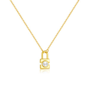 925 Silver Gold-Plated Lock & Pearl Pendant Necklace-MMN589