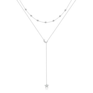 925 Silver Layered Moon and Star CZ Lariat Necklace-MMN678