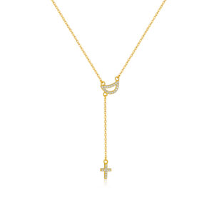 925 Silver Gold-Plated Zircon Cross Lariat Pendant Necklace-MMN550
