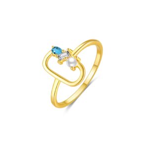 925 Silver Gold-Plated Heart Blue Gem Ring-MMR234