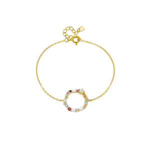 925 Silver 18K Gold Plated Colorful CZ Multi-Gemstone Circle Bracelet, Size 15+3cm, Charm 15mm-MMB63