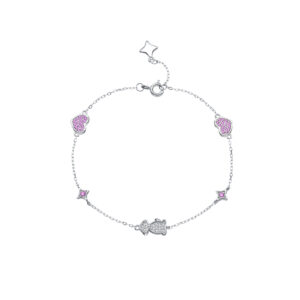 925 Silver Pink CZ Heart Dog Star Bracelet, Size 16/17cm, Heart 7.5×6mm, Dog 9.5×6mm, Star 5mm -MMB151