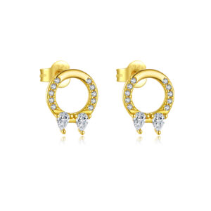 925 Silver Gold-Plated Round & Pear Clear CZ Paved Huggies Stud Earrings-MME1230