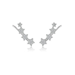 925 Silver Beaded Edge Paved Star-Shaped CZ Asymmetrical Climber Earrings-MME1198