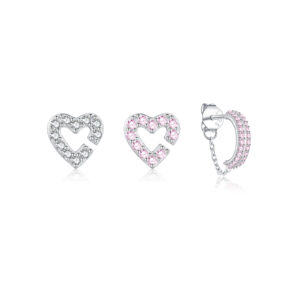 925 Silver Open Heart & Half Hoop Pink & Clear CZ Earring Set-MME1190