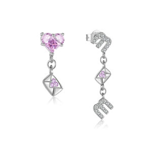 925 Silver Clear & Pink CZ Paved MOM Letter & Heart Envelope Drop Stud Earrings Set-MME1224