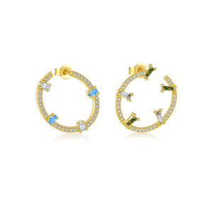 925 Silver Gold-Plated Blue & Green CZ Baguette Round Open Circle Stud Earrings-MME1203