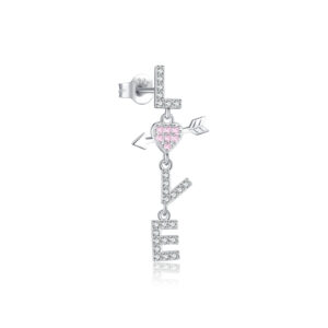 925 Silver LOVE & Heart Pink & Clear CZ Drop Earrings-MME1188