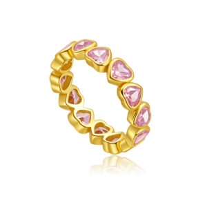 925 Silver Gold-Plated Pink Heart Cluster Band Ring-MMR475