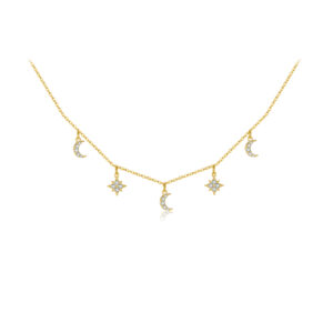 925 Silver Gold-Plated Moon & Star Gem Dangle Necklace-MMN164