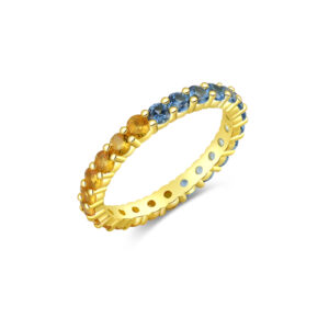 925 Silver Gold-Plated Blue Gem & Textured Band Ring-MMR266
