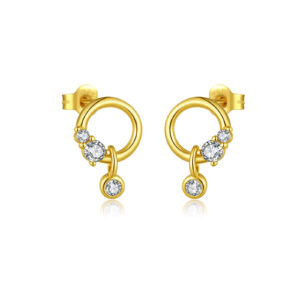 925 Silver Gold-Plated Round Clear CZ Prong Set Huggies Drop Stud Earrings-MME1126