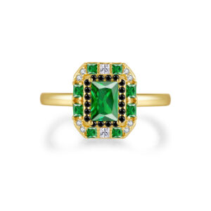 925 Silver Gold-Plated Rect Black Gem Emerald Diamond Ring-MMR163