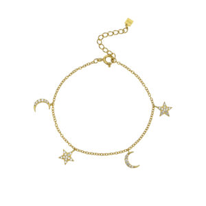 925 Silver 18K Gold Plated Star & Moon Charm Bracelet, Size 15+3cm, Charm 8mm-MMB20