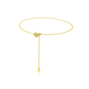 925 Silver Gold Paved CZ Heart Y-Drop Bracelet, Size 27cm (Stretchable), Charms 8×6.5mm & 4×5mm-MMB134