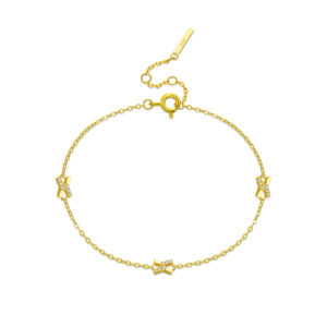 925 Silver Gold Paved CZ X Station Bracelet, Size 15+3cm, Charm 6.5mm, Spacing 30mm -MMB143