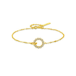 925 Silver Gold Paved CZ Circle Bracelet, Size 15+3cm, Charm 16mm, CZ Circle 10.5mm-MMB146
